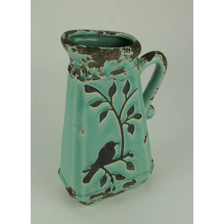 Pottery Pitcher with Blue House & Hearts on front. Cute pitcher for any  room.