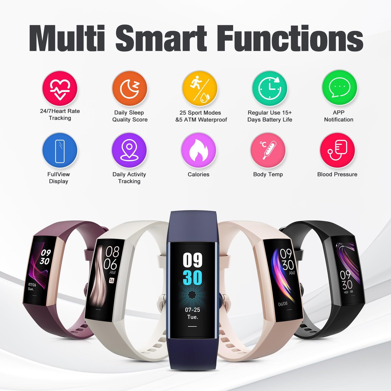 Amzhero Health Fitness Tracker With 24/7 Heart Rate, Blood Oxygen, Blood Pressure, Sleep Tracker, 5ATM Waterproof Activity Trackers With Step Tracker, Pedometer (S & L Bands Included)
