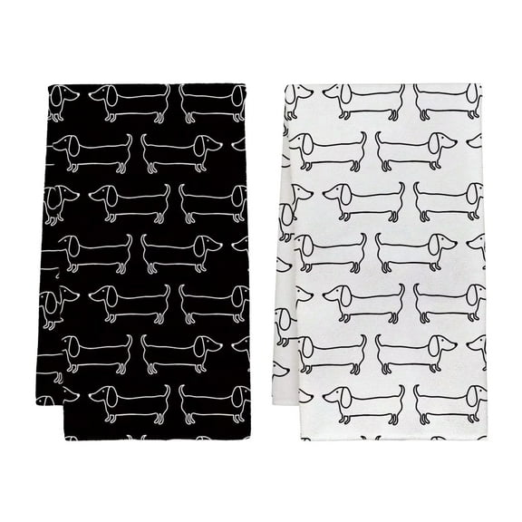 2pcs Cute Black & White Dachshund Print Kitchen Towels, Funny Cute Dish Towels Kitchen Hand Towels Tea Towels