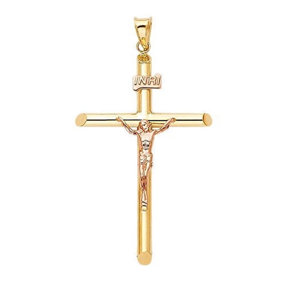 Solid 14K Yellow Rose Gold Crucifix Pendant - Jesus Image Engraved in Linear Cross Charm Pendant - Two Tone Fine Jewelry - Suitable for Men & Women - Great Gift for All Occasion, 43 x 32 mm, 2.4 gms