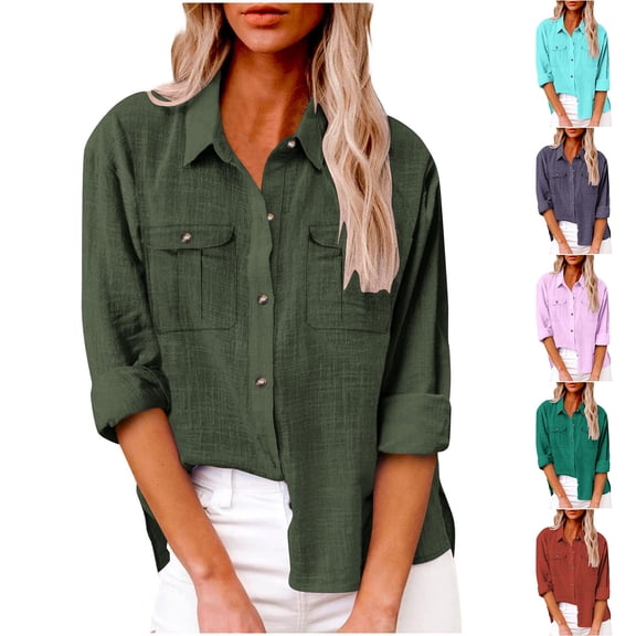 YHAJDS Womens Pocket Shirt Women's Long Sleeve Tops Solid Color Lapel Breasted Double Pocket Shirt Blouse