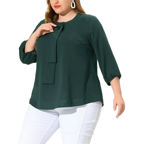Plus Size Chiffon Top for Women Round Neck Tie Front Ruffle Work Blouse Top Dark Green 1X