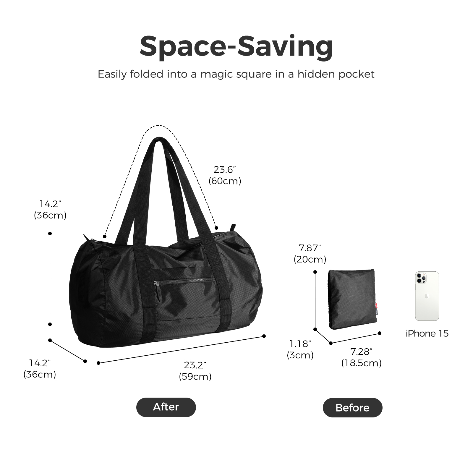 pack all 45L Foldable Duffel Bag, Water-Resistant Sports Gym Bag, Portable Weekender Bag Lightweight for Travel, Fitness and Camping (Black)