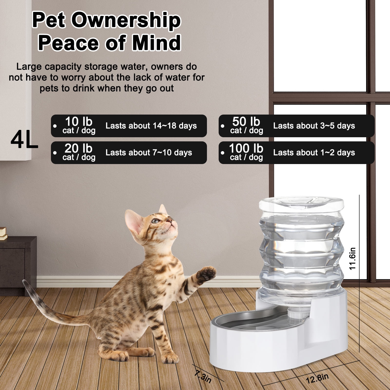 RIZZARI 5L Automatic Pet Waterer - Gravity-fed Stainless Steel Water Dispenser, 100% BPA Free, Leak-proof, Easy to clean - Feeder for Cats and Dogs - Indoor/Outdoor