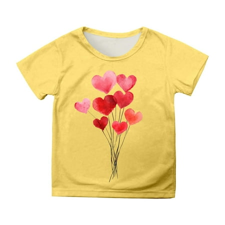 YWOAGH Valentines Day Children Short Sleeve Printed T Shirt Casual Top Fashion for Boys and Girls Celebration Yellow 4-5 Years