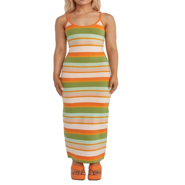PENGXIANG Robe Longue Sans Manches Tricotée pour Femmes Bretelles Spaghetti Dos Nu Maxi Robes