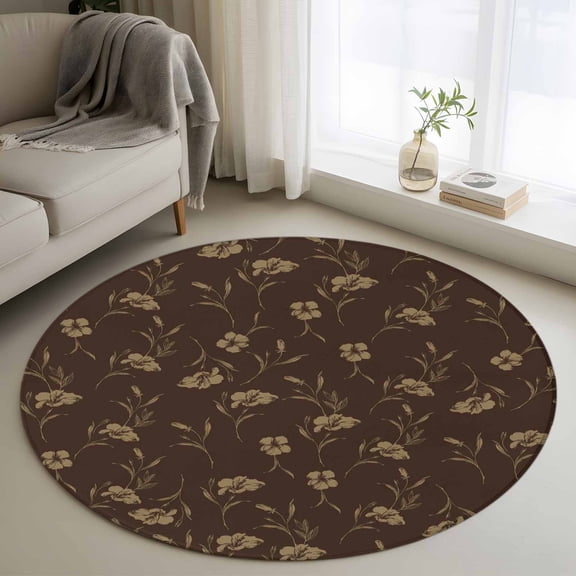 Round Rugs 3.3Ft, Brown Floral Round Area Rug Washable Indoor Throw Carpet, Vintage Spring Botanical Flowers Soft Non Slip Circle Rug for Laundry Room Patio Home Decor Aesthetic