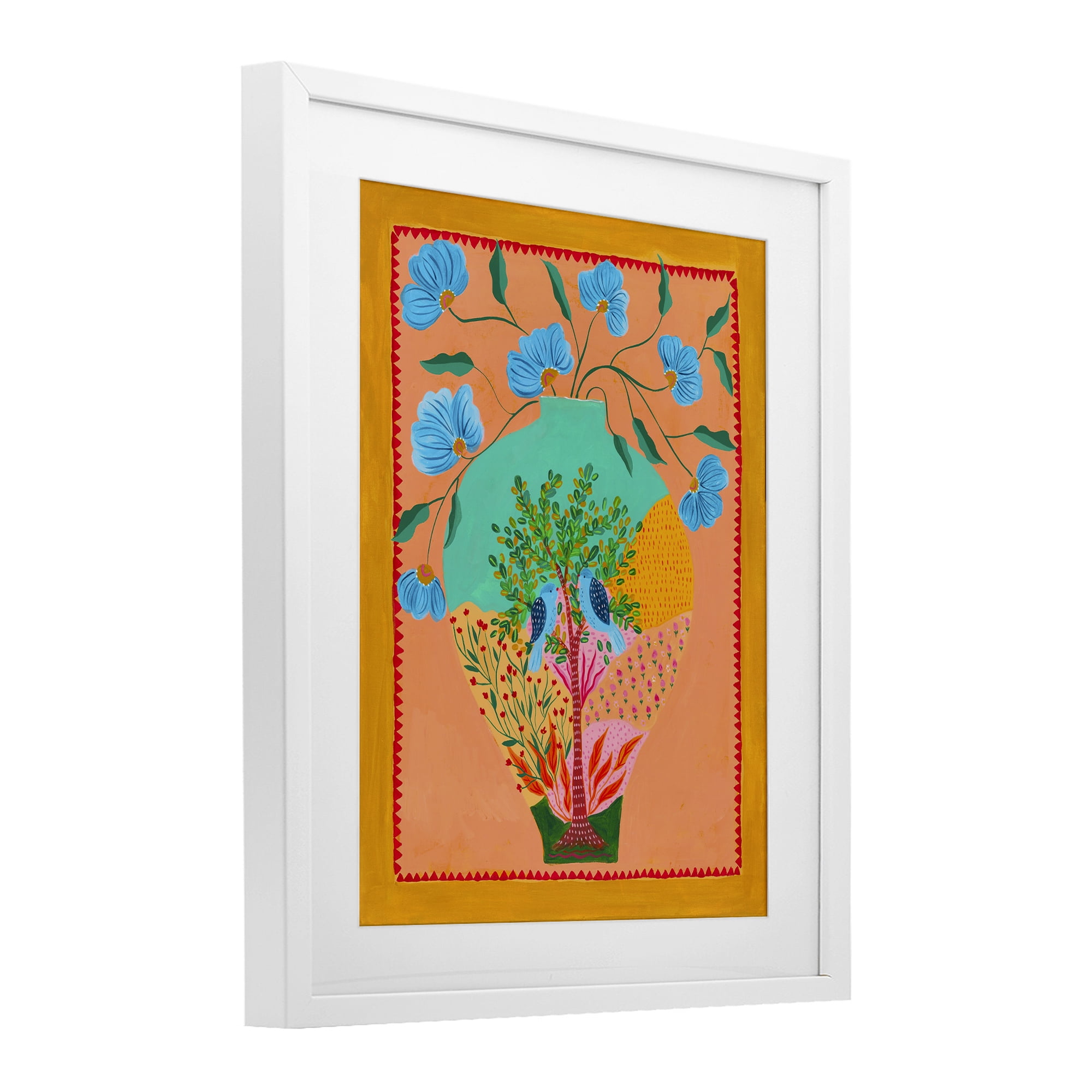 Bluebirds & Boho Flower Vase White Framed Print Under Glass, design by Nabeela Rumi