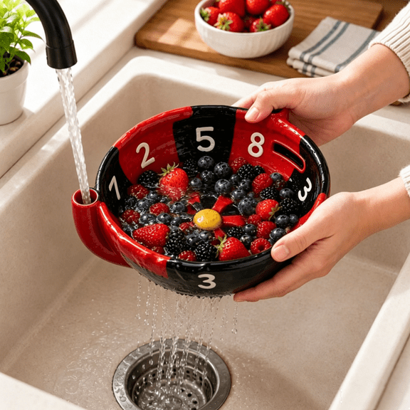 Self Spinning Berry Washing Bowl, Ceramic Berry Bowl with Built-in Strainer, Self Rinsing Fruit Washer, Precise Drain Holes for Vegetables & Small Fruit