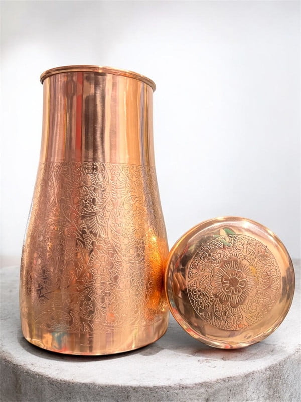 Copper Bedroom Bottle with Inbuilt Glass – Embossed Luxury Design Water Bottle for Daily Use Perfect for Bedroom or Gift