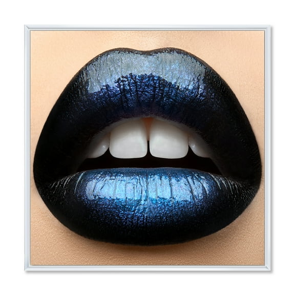 Designart 'Girl Lips With Black and Blue Lipstick' Modern Framed Canvas Wall Art Print