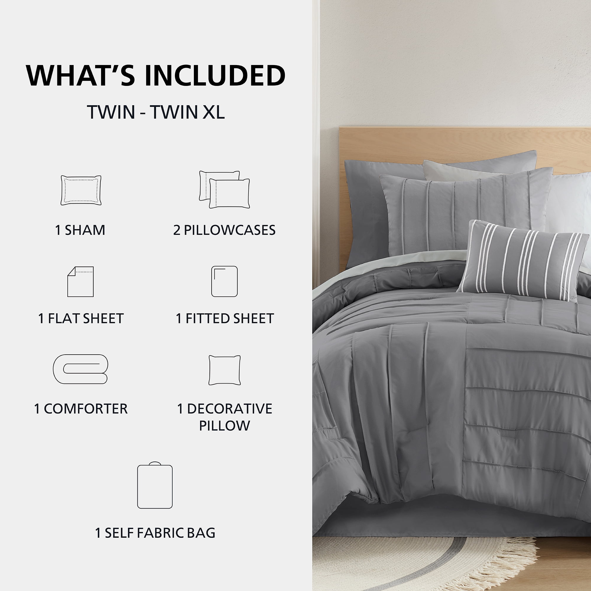 Mainstays All in One Reversible Comforter and Sheet set- 8 Piece, Twin, Grey Texture