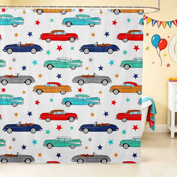 Erosebridal Vintage Car Shower Curtain 72Wx72L, Stars Bathroom Curtain, Cream White