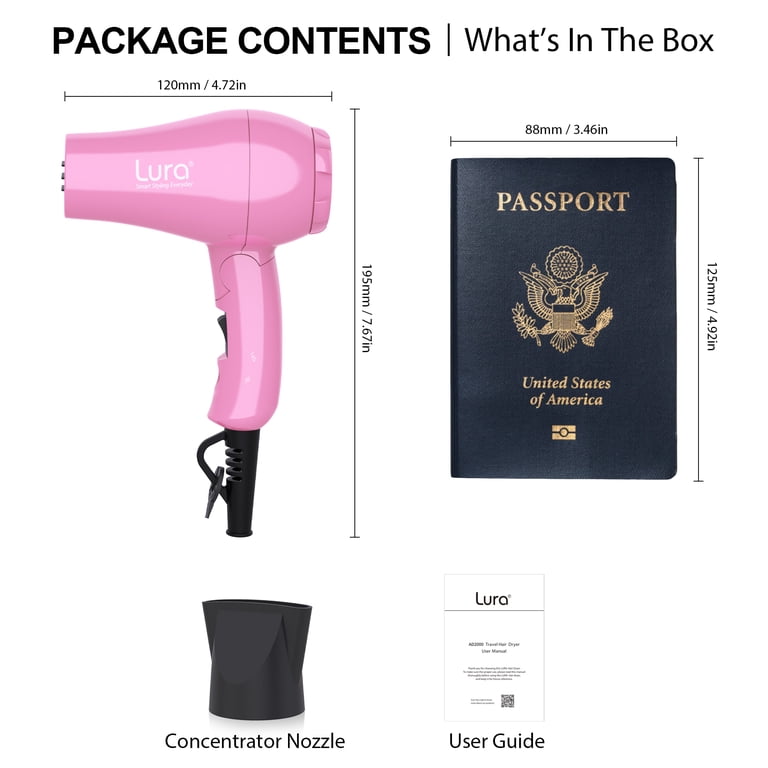 Lura Travel Portable Hair Dryer, Dual Voltage Mini Folding Handle