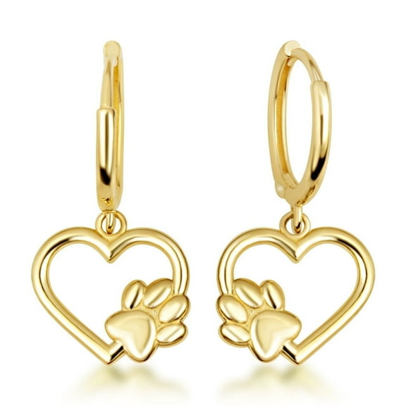 Yellow Gold Dog Paw Print Heart Drop Huggie Hoop Earrings (14K)