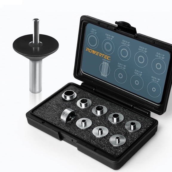 POWERTEC Solid Router Template Bushing Guides and Centering Pin with Cone, 5/16 to 1 Inch Bushings Fits All Porter Cable Style Router Sub Bases. Perfect for Precision Woodworking (72092N)
