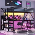 thumbnail image 2 of Euroco Metal Full Size Loft Bed with Desk and Wardrobe, Gaming Bed with Staircase, and Shelves, USB Ports and LED Light, Black, 2 of 11