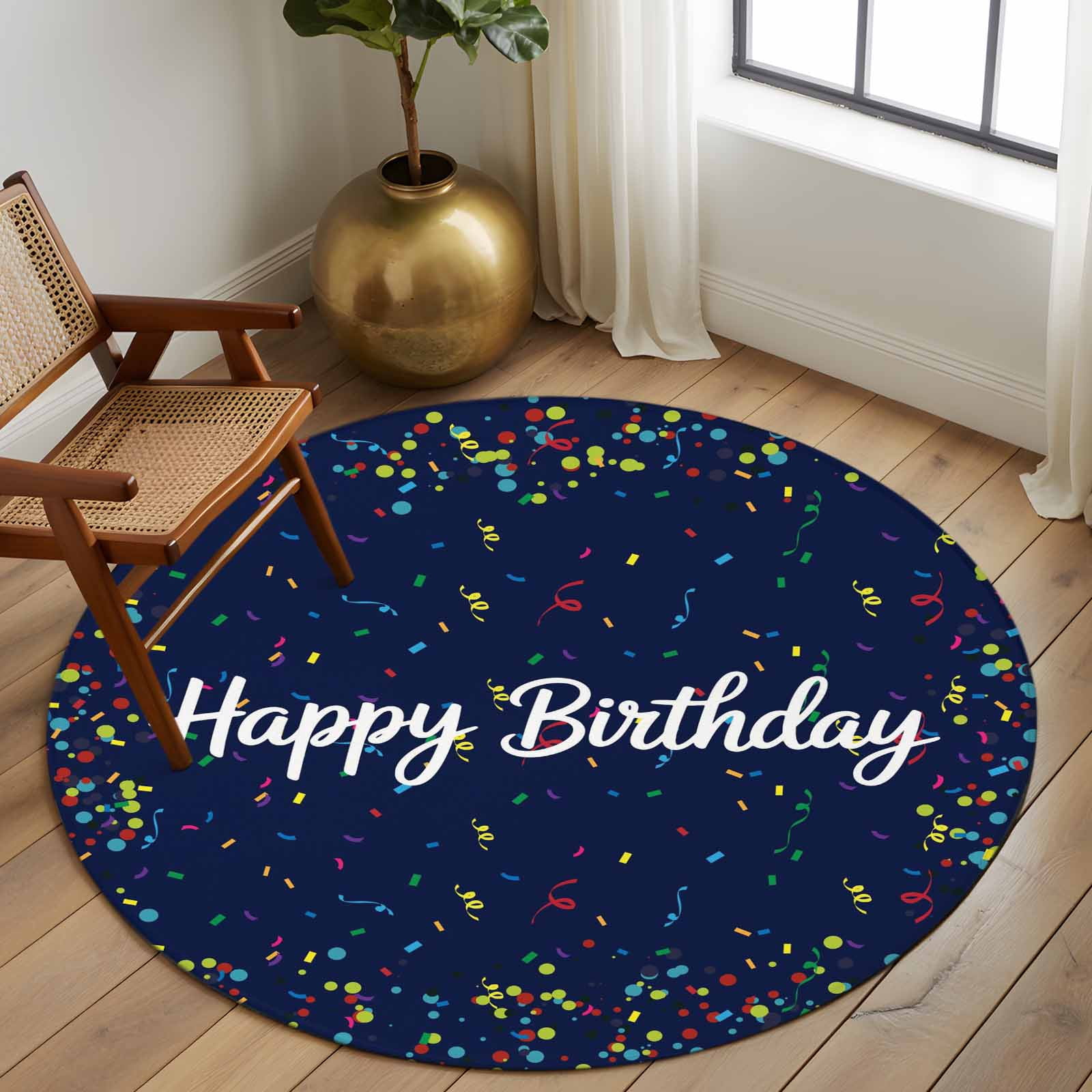 Happy Birthday Large Area Rugs for Bedroom Living Room, Soft Non Slip Carpet Bedside Rug, Navy Blue Modern Abstract Art Round Floor Cover Kitchen Accent Rug 7' for Dining Room/Office