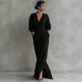 thumbnail image 6 of Brown Linen-Blend Wrap Maxi Dress V-Neck Batwing Sleeve Side Slit Elegant Evening, 6 of 7