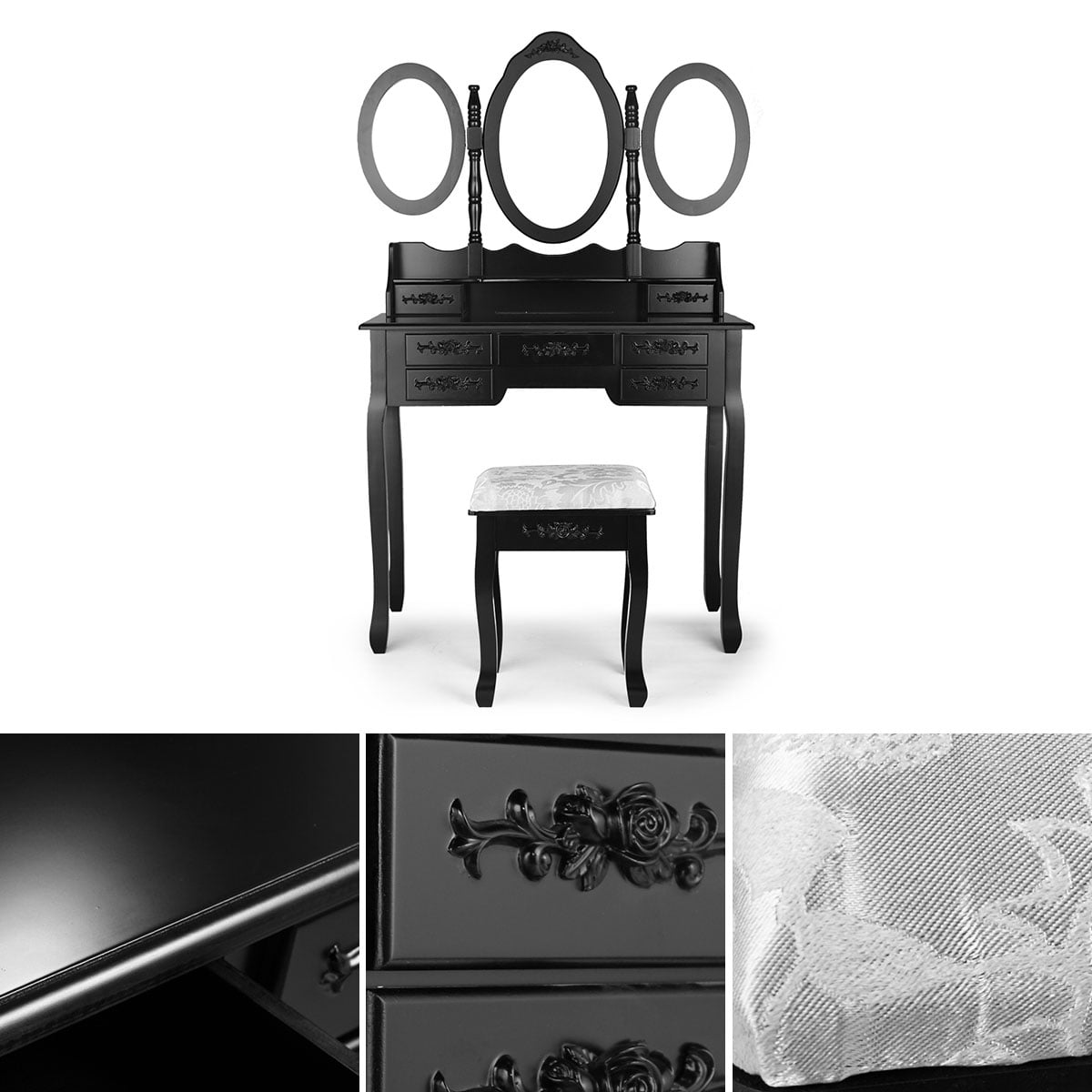 Jaxpety Makeup Vanity Table Set Tri Folding Mirror W 7 Drawer Makeup Dressing Desk Vanity Set With Stool Black Walmartcom Walmartcom