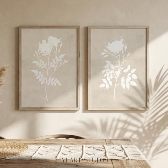 Neutral Beige Floral Botanical Minimalist Modern Cream Wall Art Set 2 Unframed Paper Print 8x12