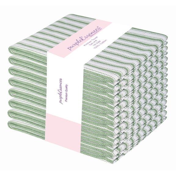 PurpleEssences 8 Pack Cotton 18X28 Inch Striped Kitchen Towels, Soft and Absorbent Dish towels For Kitchen Decor and Accessories - Green