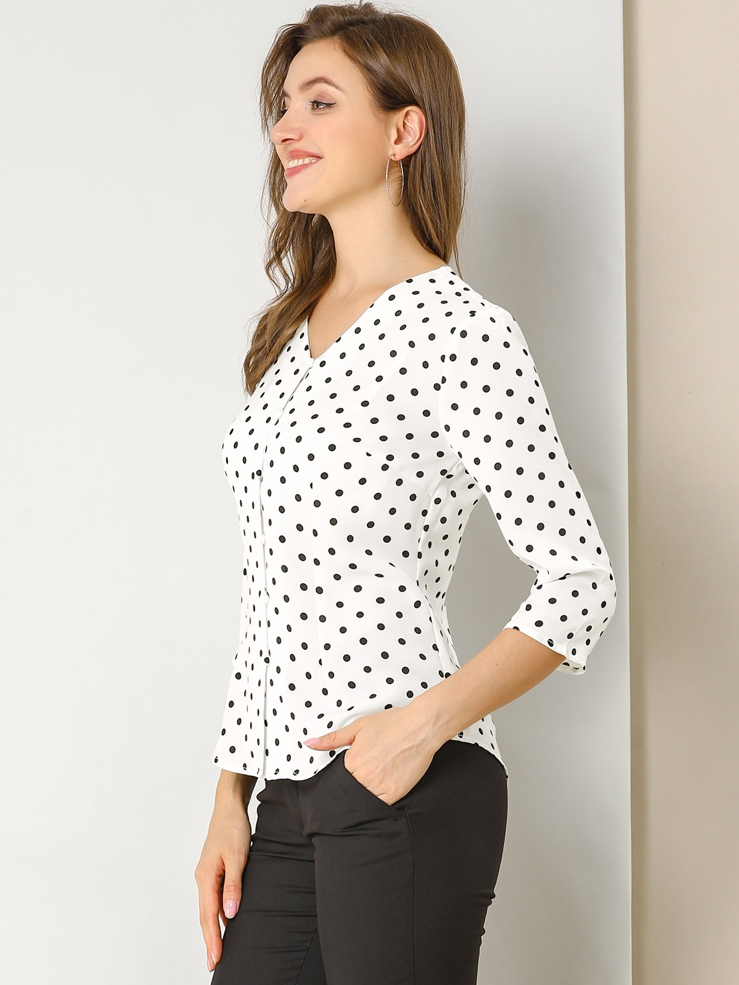 DARING DIVA Women's V Neck Polka Dots 3/4 Sleeve Casual Button Blouse XXL White