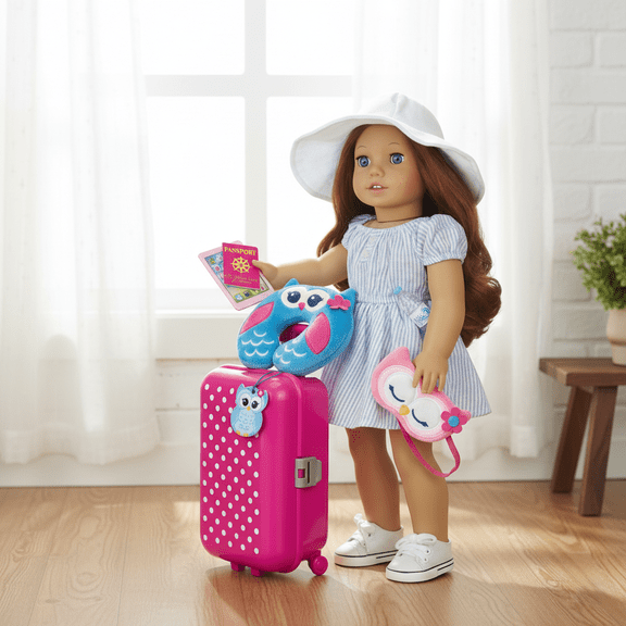 Sophia's Hot Pink Rolling Suitcase & 7-Piece Travel Accessory Set for 18" Dolls