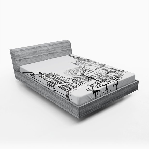 Ambesonne Black White Fitted Sheet, Old City Sketch, Queen Size, Black White