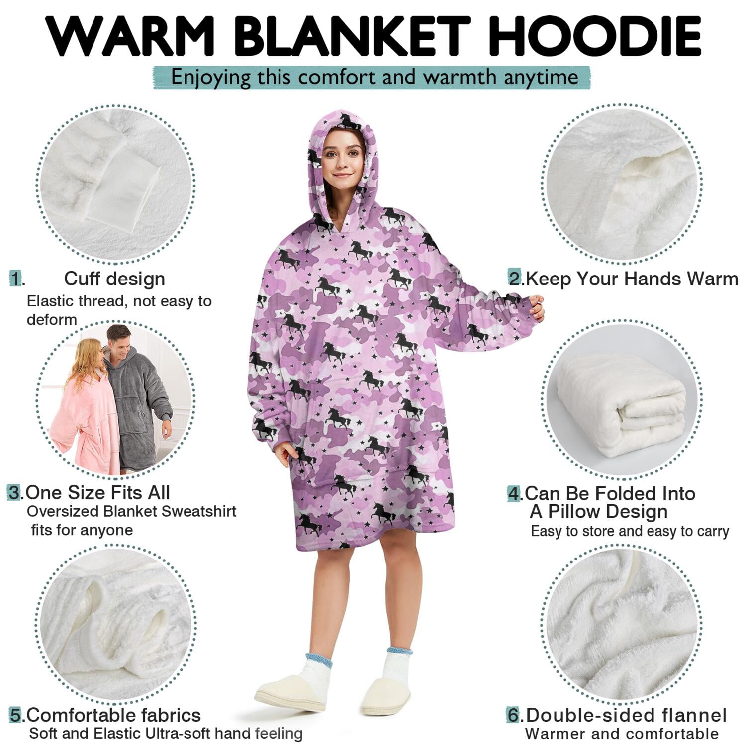 Wearable Oversized Blanket,Pink Cartoon Horse Star Pattern Wearable Blanket Hoodie for Adults,Cozy Hooded Blankets with Super Pockets,Super Warm Fuzzy Pullover for Women & Men