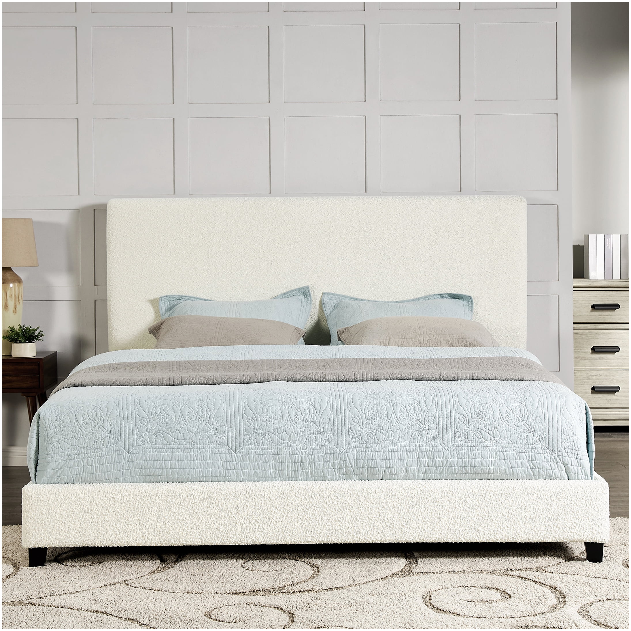 Modern White Boucle Upholstered King Size Bed Frame with Platform Base and Padded Headboard