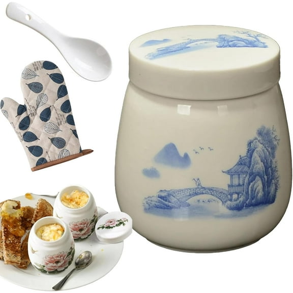 Coddled Egg Cups, Egg Coddlers Sets with Lids, Vintage Ceramic Soft Boiled Egg Cooker, 220ml Porcelain Tableware Breakfast Serving, Single or Double Egg Cooking with a Twistable Ceramic Lid (G, 1Pcs)