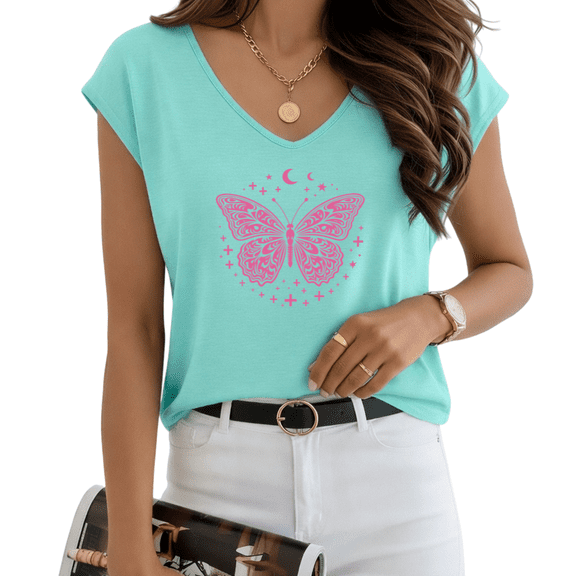 UNISHE Women's Pink Celestial Butterfly Print Blue V-Neck Sleeveless T-Shirt S-5XL Daily Tank Top
