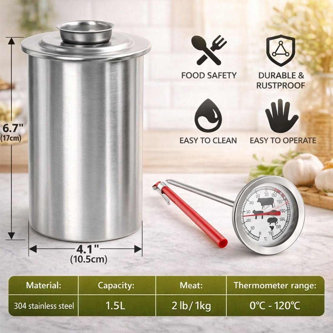 2026 Upgrade Stainless Steel Deli Meat Press with Thermometer, Spring Mechanism & Handle, Food-Grade Ham Press Mold for Deli Meats, Homemade Lunch Meat Maker Tool for Healthy Sandwiches (Ordinary)