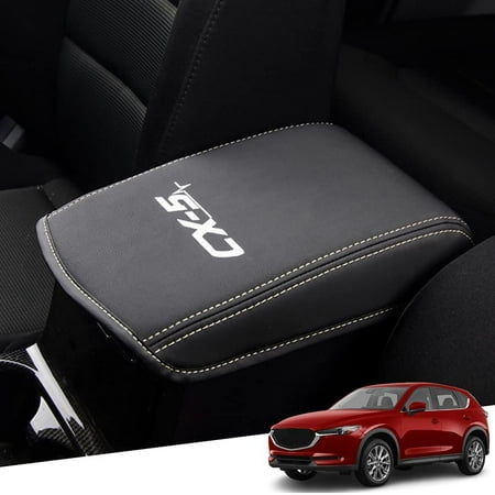 Auprite Leather Center Console Cover For Mazda CX-5 (2018-2025) - Black With Red Stitching, Armrest Protector