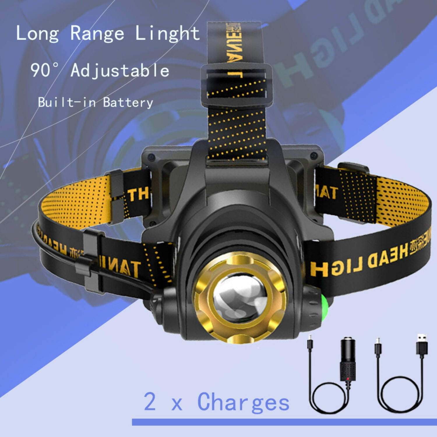 （2 Pack）USB Rechargeable LED Headlamp 3-Modes Adjustable Camping Hiking Headlight  W/Car Charger+USB Cable