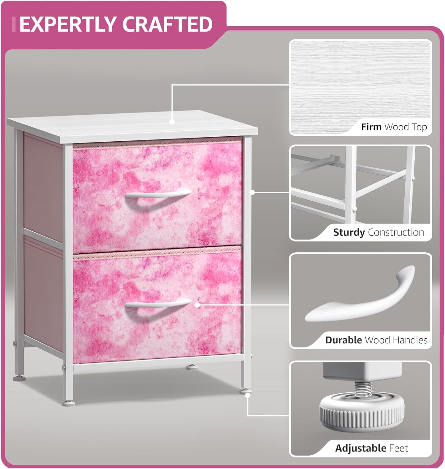 Sorbus Nightstand with 2 Drawers, Steel Frame, Wood Top, Fabric Bins, Tie-Dye Pink