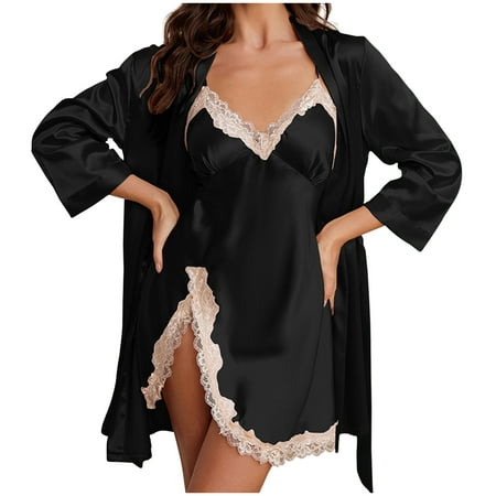 Gnurob on Sale 2 Pack Women s Satin Nightgown Silk Slip Dress Sleepwear Sexy Lace V Neck Negligee Lingerie Split Hem Short Nightwear and Lightweight Robes Clearance Black Large
