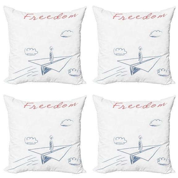 Ambesonne Adventure Throw Pillow Cover 4 Pack, Paper Plane Sketch, 24", Bluegrey Red White