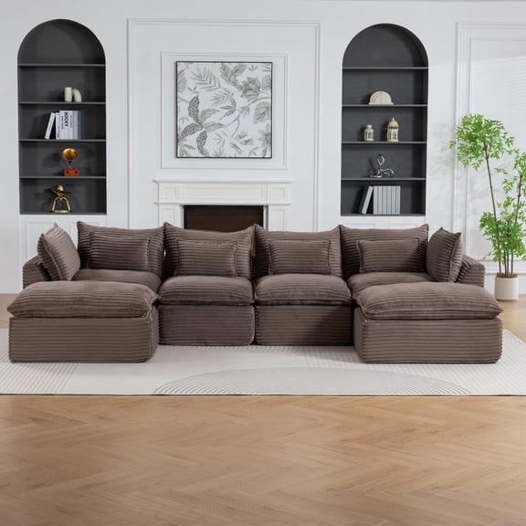 FUNECORP Cloud Corduroy Modular Sectional Sofa Oversized High-Quality Cotton 4 Seat with 2 Ottomans Khaki