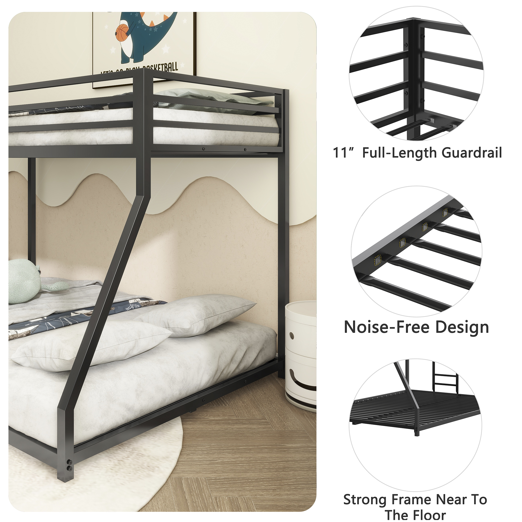Adam Sturdy Twin over Full Bunk Bed Metal Black for Kids and Adult, Low Profile Twin over Full Bunk Bed with Ladder and Guardrails, Easy Climbing, Beds for Bedroom