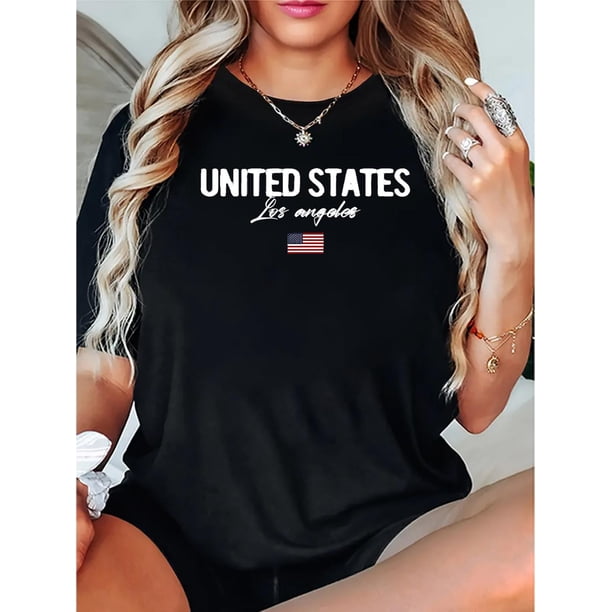 Camiseta con estampado de bandera patriótica para mujer: cuello redondo informal, manga corta, mezcla de algodón elástico, lavable a máquina, perfecta para verano y el Día de la Independencia, ideal p