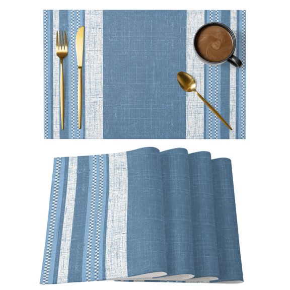 Blue Stripe Placemats Set of 2, Country Farmhouse Vintage Lines Black White Plaid Non-Slip Place Mats Washable Table Mats for Kitchen Dining Table Decorations Indoor/Outdoor