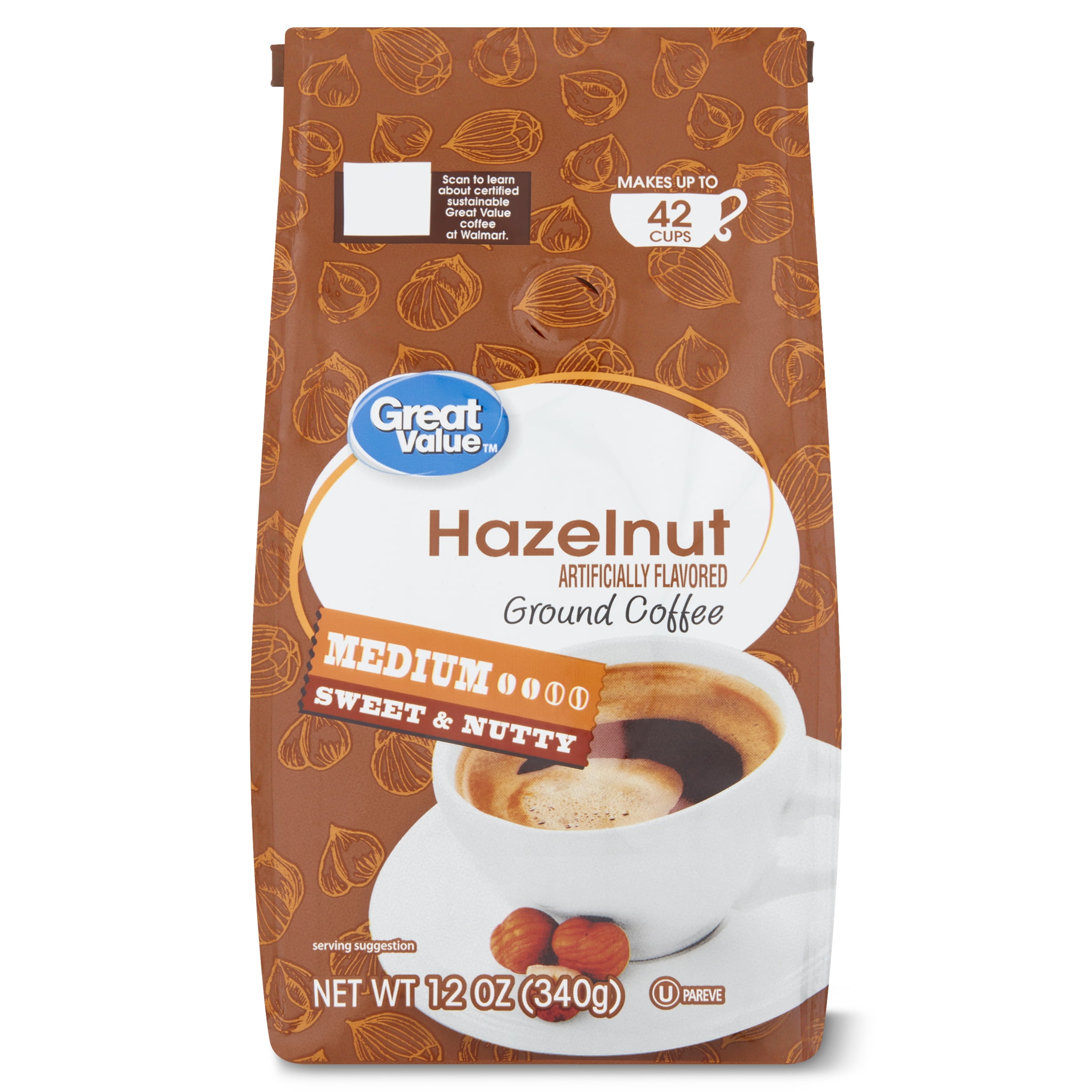 Great Value Hazelnut Medium Roast Ground Coffee, 12 Oz, Bag