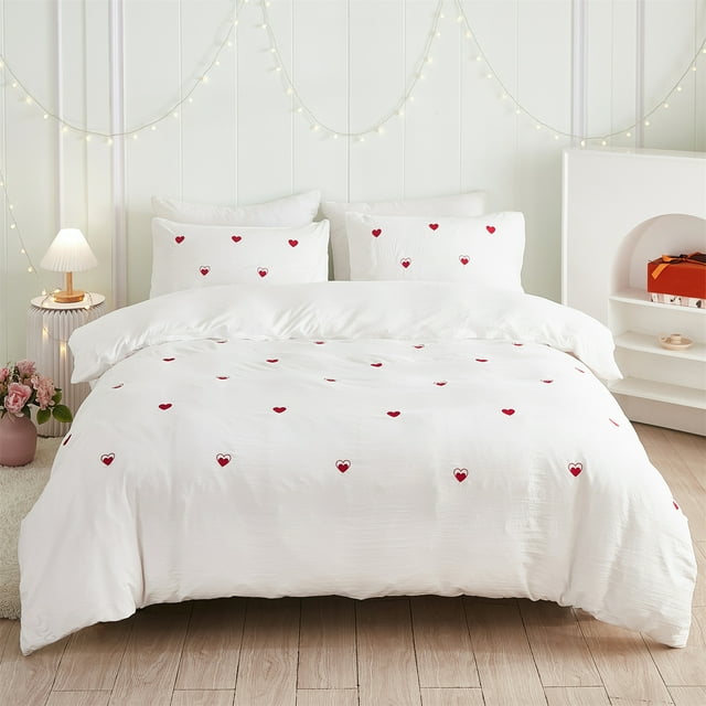 Move Over White Embroidery Bedding Sets Queen Red Heart Duvet Cover Set Hearts Pattern Washed