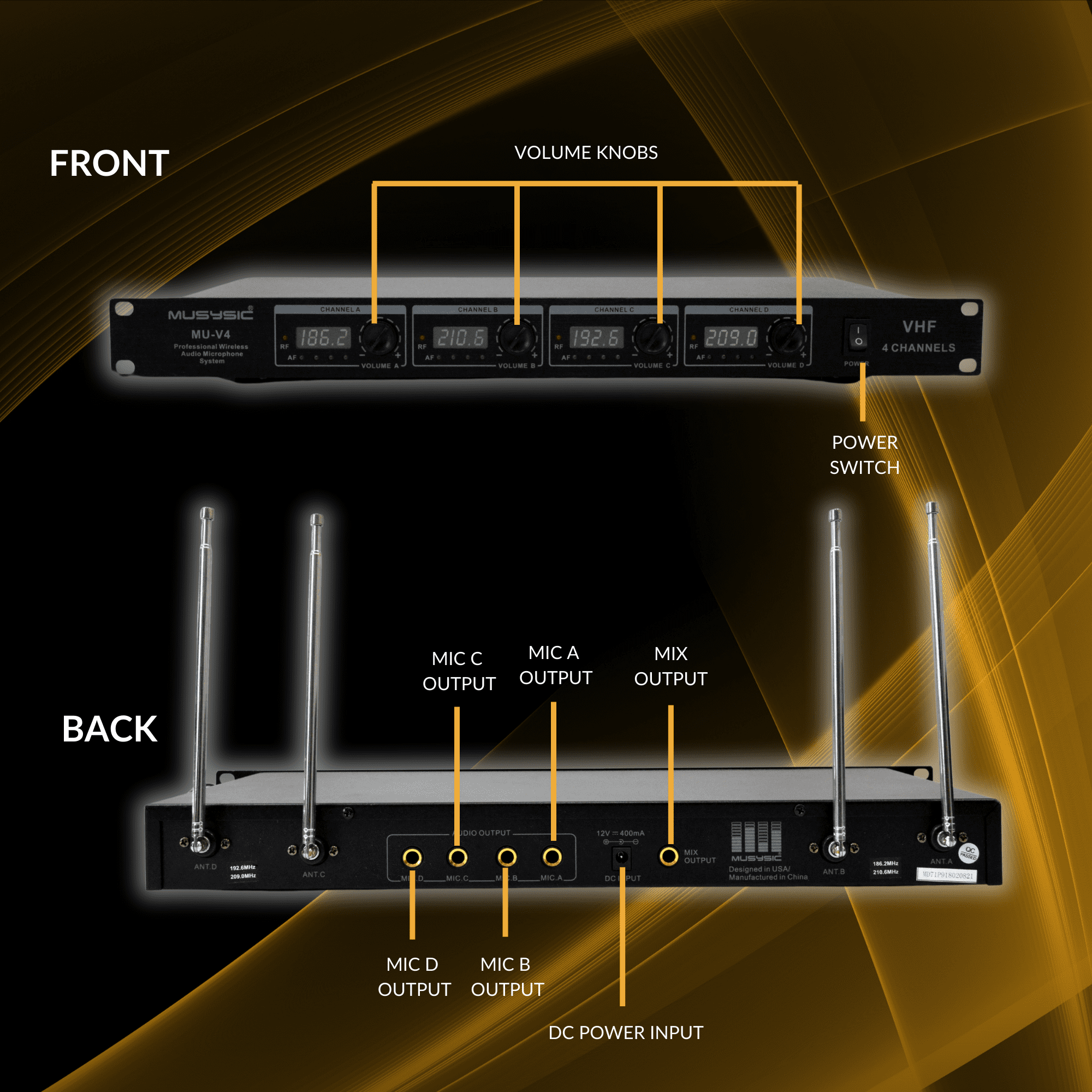 MUSYSIC MU‑V4‑HL Professional 4‑Channel VHF Wireless Microphone System – 2 Handheld + 2 Lavalier/Headset Mics, Long‑Range, Individual Volume Control, Rackmount Receiver