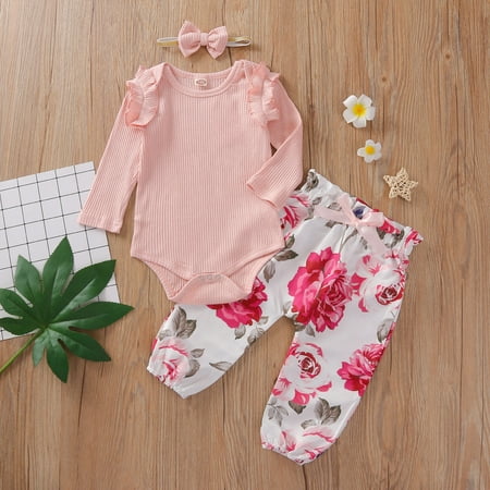 

Wiueurtly Baby Girls Long Sleeve Ribbed Romper Tops Flower Print Pants With Headbands Outfit Set Clothes 3PCS Floral Wraps Baby