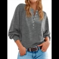 thumbnail image 2 of Suéter de Cuello Redondo con Botones para Mujer, Camisetas Henley de Larga de Otoño, Tops de Punto Holgados A Gris XXL, 2 of 8