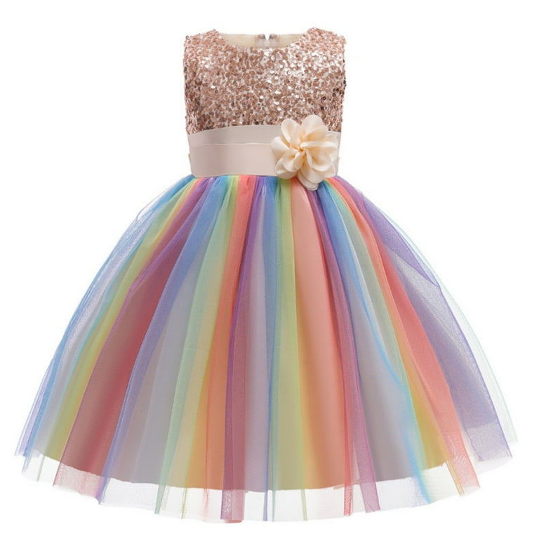 URMAGIC 3 10Y Child Girls Sleeveless Lace Stripe Rainbow Princess Dress for Birthday Pageant Gown Dresses
