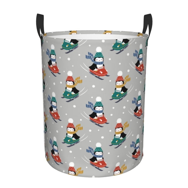 Balery Skiing penguin Cesta de ropa redonda con asas, impermeable, independiente, para ropa, juguetes, dormitorio y familia-Medium
